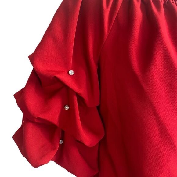 Elegant Red Women's Top Prelude XL off the shoulder ruched sleeves - Picture 5 of 10